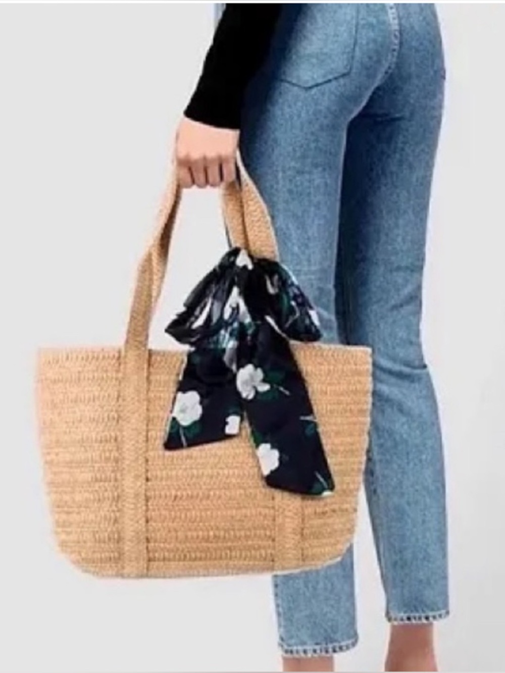 Draper James Tan Woven Tote with Navy Floral Scarf